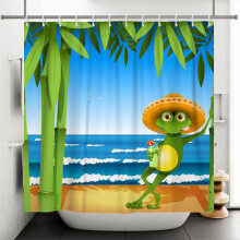 180x180cm Cartoon Frog Shower Curtain Cute Funny Frog with Hat Summer Beach Bamboo Green Leaves Bat