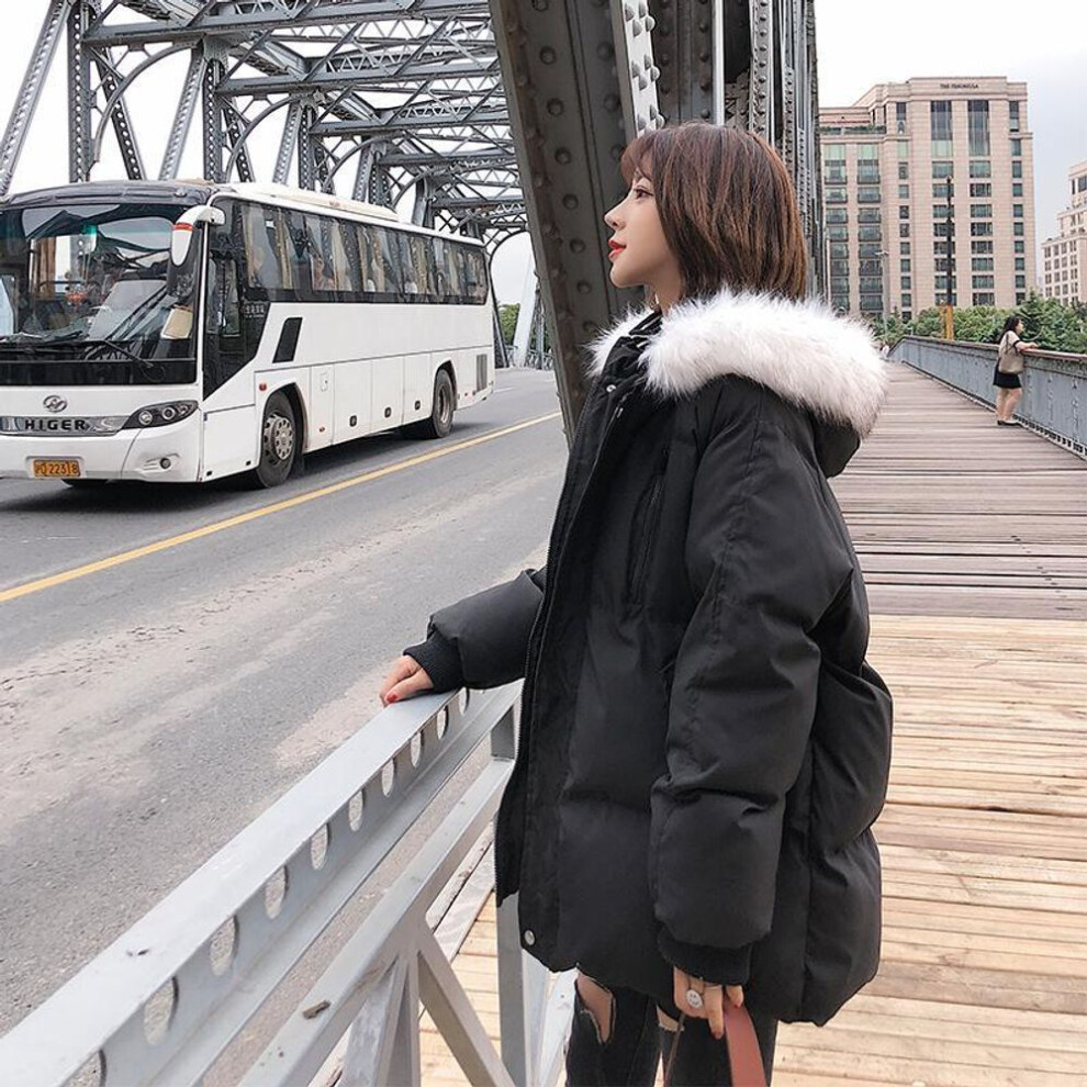 (black, M) Women Short Parkas Loose Cotton Coats Winter Faux Fur Collar Warm Snow Jackets Casual Warm Hooded Korean Outwears