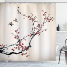 Nature Shower Curtain, Birds Art Style, Fabric Bathroom Decor Set with Hooks, 180cm x 180cm, Burgun