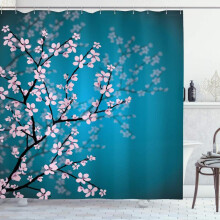 Japanese Shower Curtain, Sakura Bloom Pattern, Fabric Bathroom Decor Set with Hooks, 180 cm x 180 c