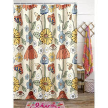 180*180cm Retro 70s Shower Curtain Psychedelic Floral Yellow and Orange Funky Mushrooms Flowers and