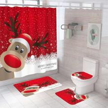 4PCS Christmas Elk Shower Curtain Sets, Christmas Shower Curtain Sets with Rugs, Toilet Lid Cover an