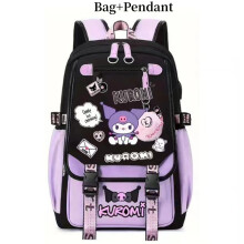 (Black Purple) Cartoon Pattern Kuromi Canvas Backpack With Pendant Travel Schoolbag Outdoor
