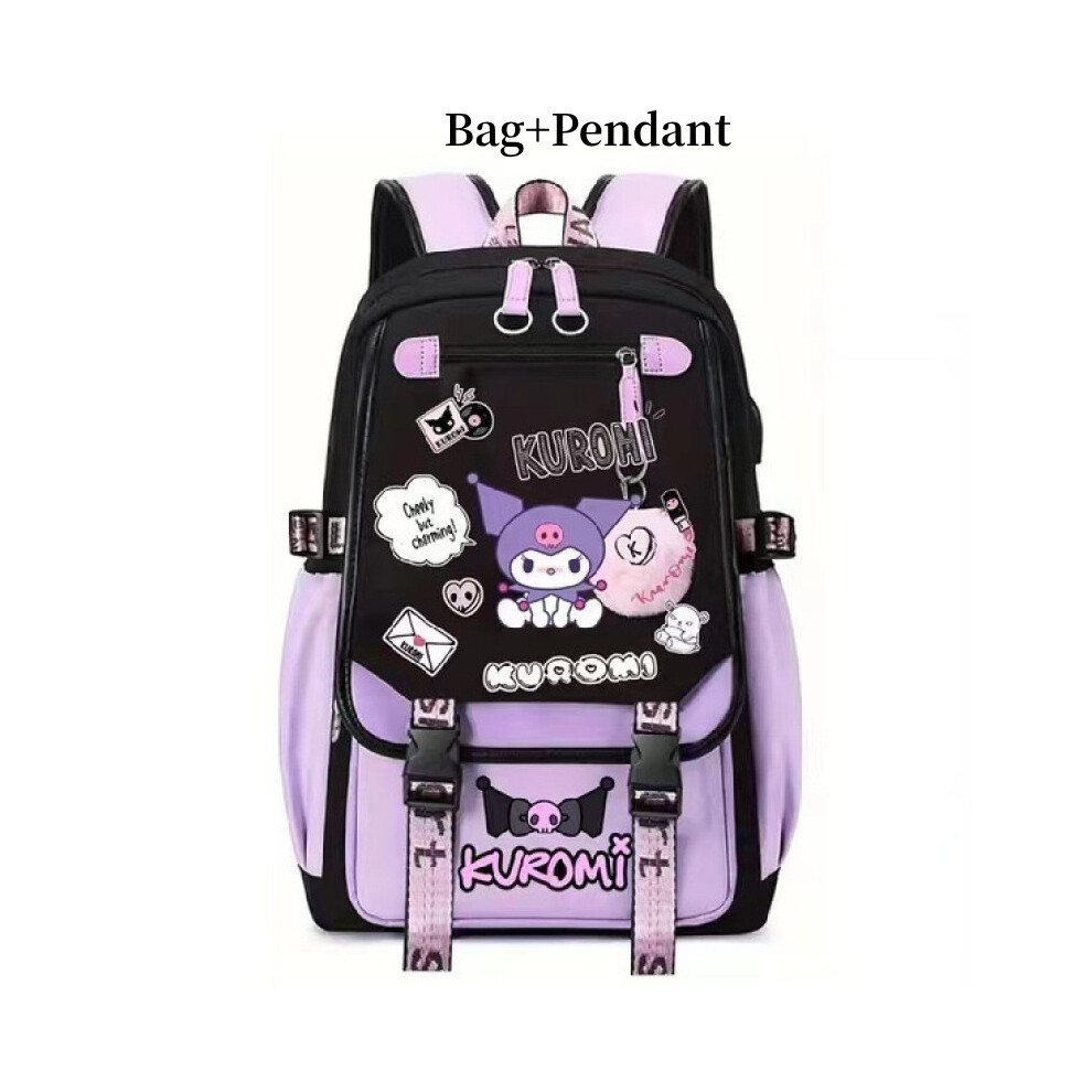 (Black Purple) Cartoon Pattern Kuromi Canvas Backpack With Pendant Travel Schoolbag Outdoor