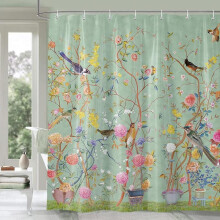 Shower Curtain Green Mildew Resistant Waterproof Bird Flower Bathroom Curtain with 12 Hooks 180x180c