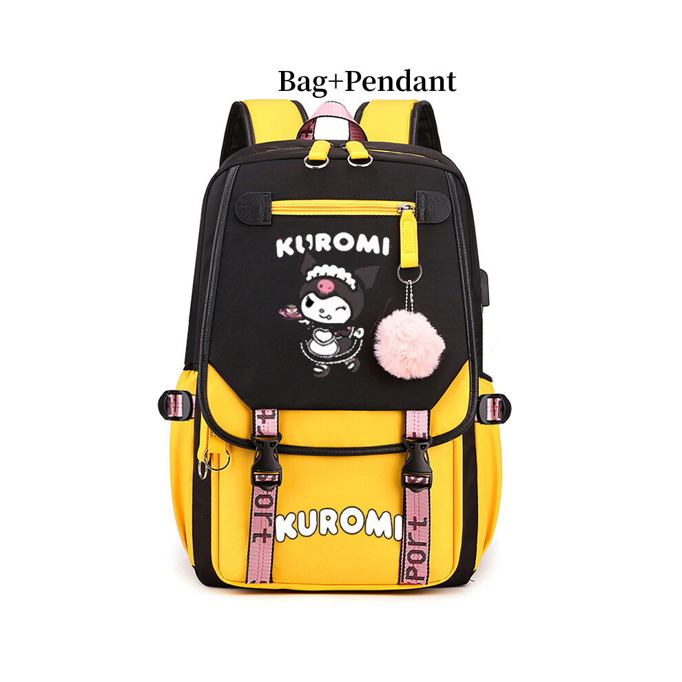 (Yellow A) Cartoon Pattern Kuromi Canvas Backpack With Pendant Schoolbag Travel Outdoor-image-OPC-PHH2FQS-NEW