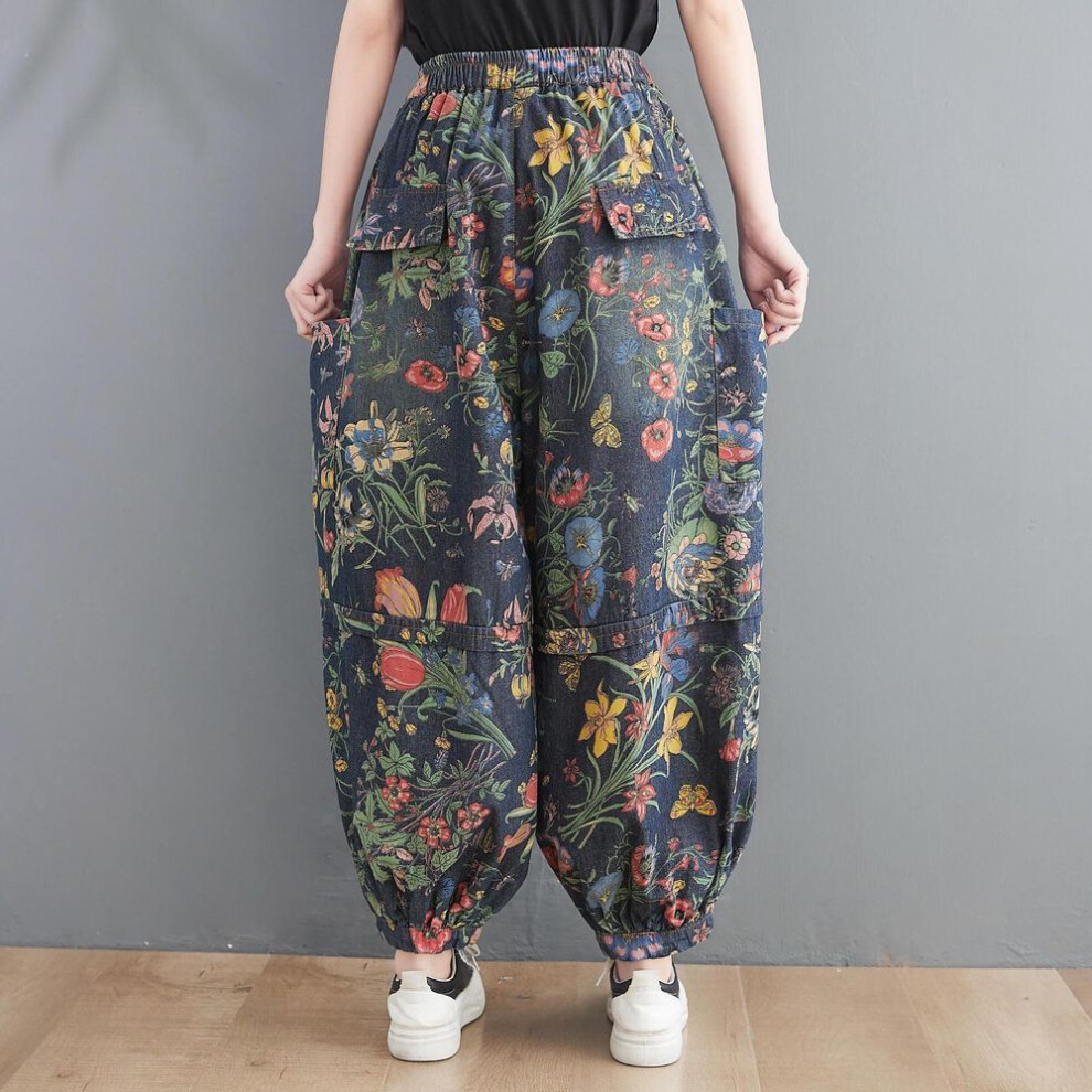(black, L) Wide Leg Harem Floral Jeans Women New Fashion Ladies Vintage Denim Pants Female Street Style Oversized High Waist Trousers