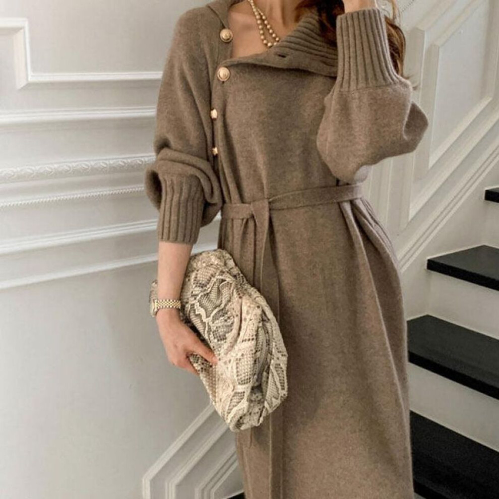 (khaki, S) Autumn Knitwear Dress Women Long Sleeve Turtleneck Sweater Dress Winter Knit Korean Fashion Loose Tunic Pullover