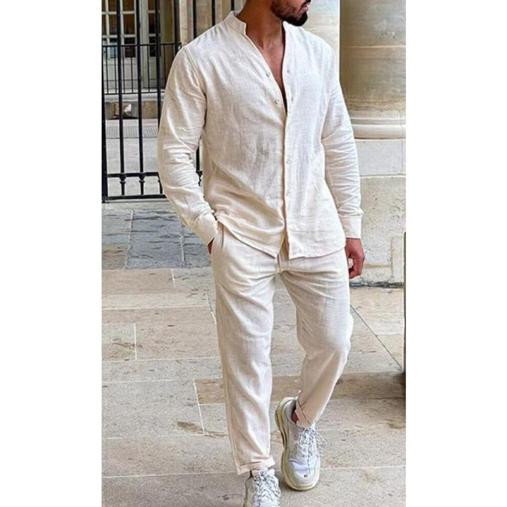 (beige, XS) Mens Sets Linen Spring Autumn Leisure Suit Long Sleeve Shirts and Trousers Two Piece Sets Fashion Men Clothing