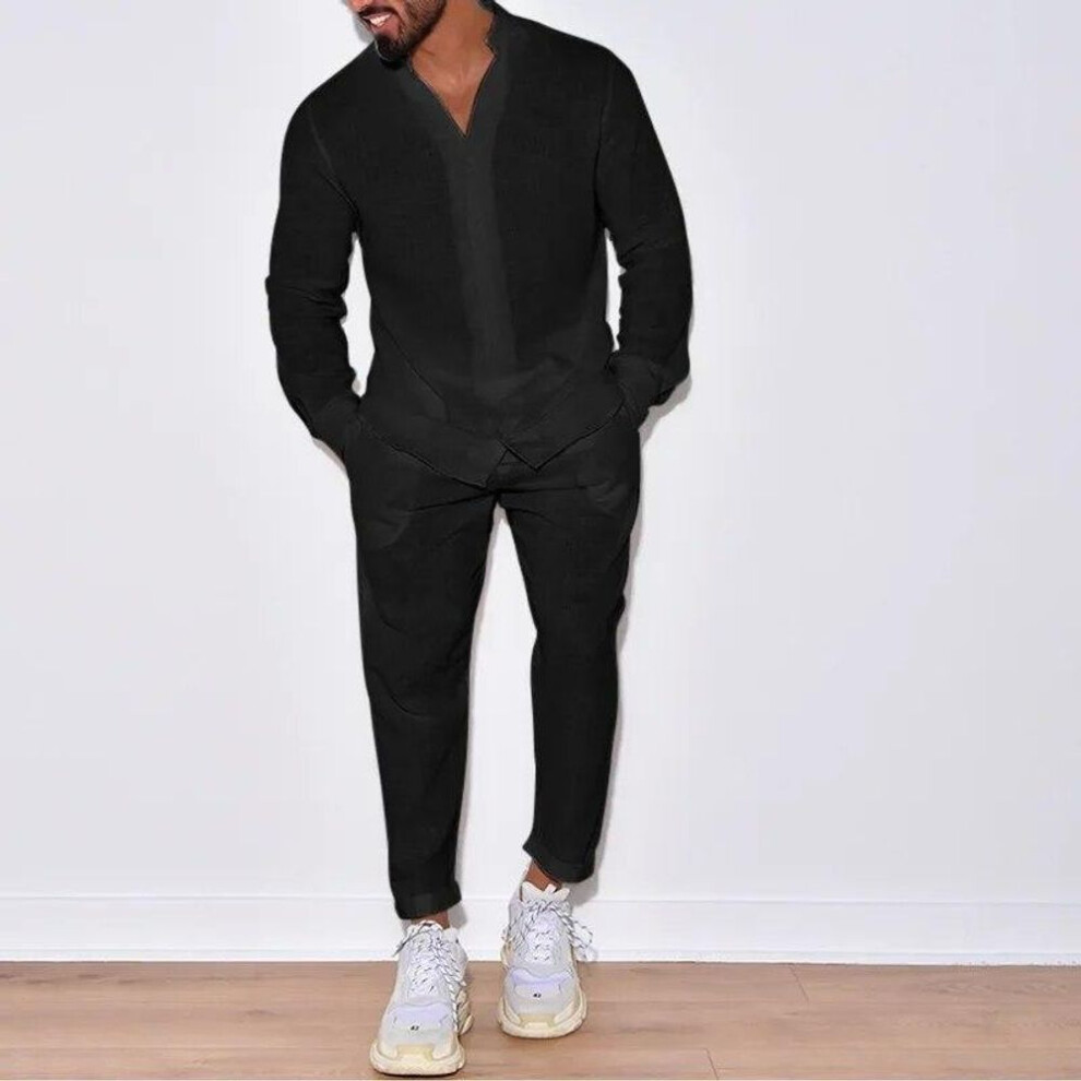 (black, XS) Mens Sets Linen Spring Autumn Leisure Suit Long Sleeve Shirts and Trousers Two Piece Sets Fashion Men Clothing