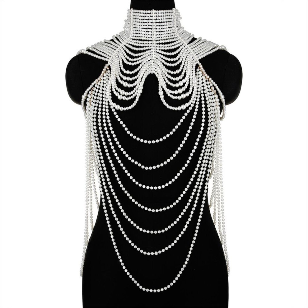 (white) Women Layered Faux Pearl Bib Necklace Collar Beads Tassel Jewelry Shoulder Chain