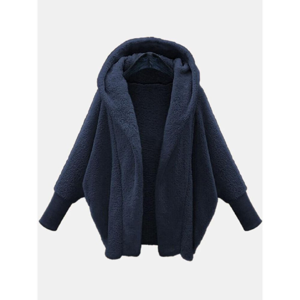 (navy, L) Winter Solid Long Sleeve Jackets 2023 Hooded Loose Plush Coats Large Cardigan Clothes For Women Female Bat Sleeve Clothing 23973