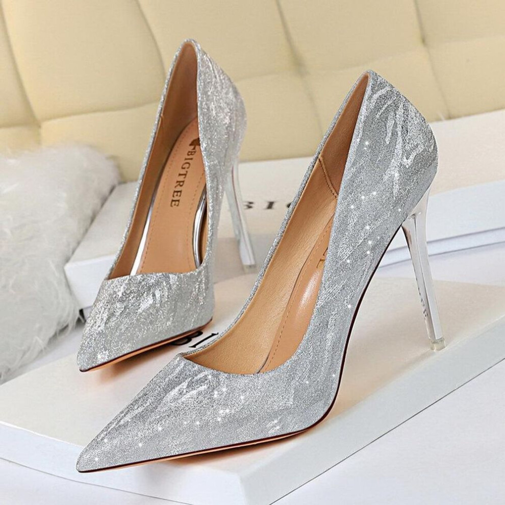 (silver, 34) BIGTREE Women&apos;s Slim Heel 7.5- 10.5cm High Heel Shallow Mouth Pointed Sequin Sexy Night Club High Heels