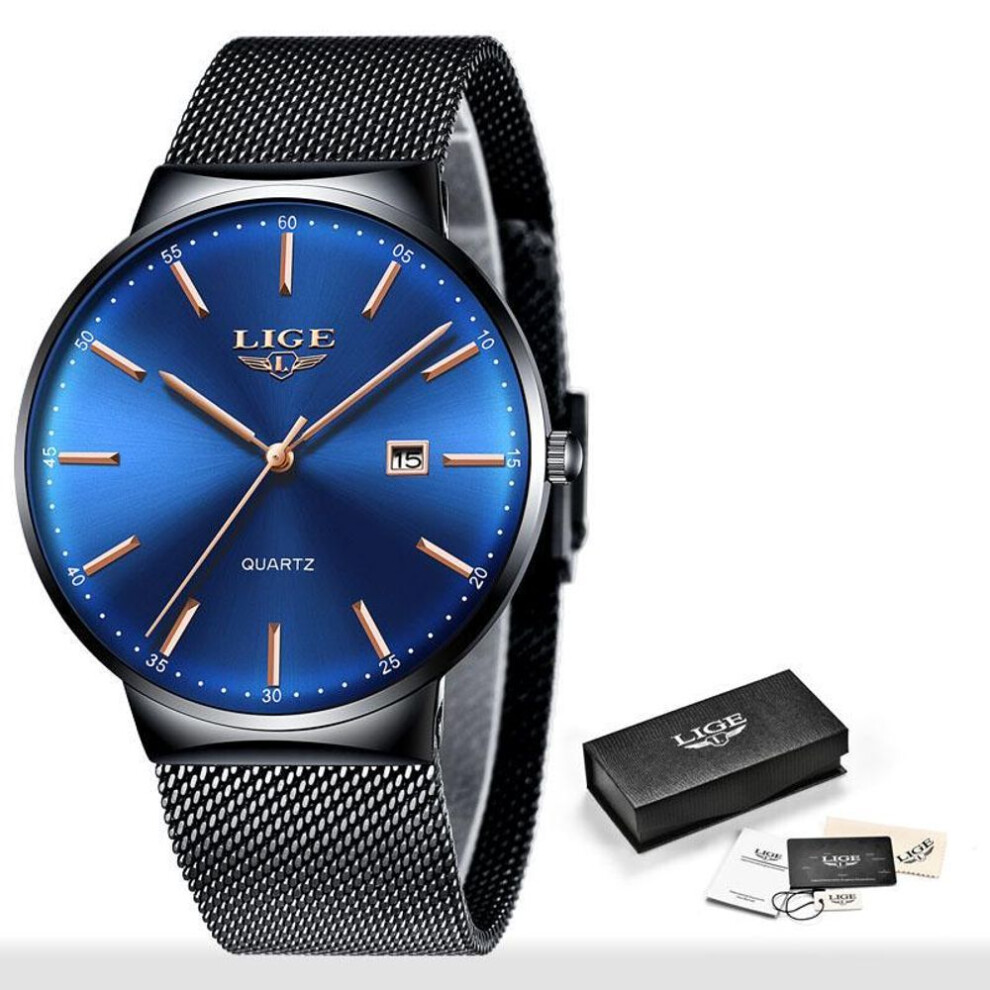 (Black Blue) LIGE Womens Watches Top Brand luxury Analog Quartz Watch Women Full Blue Mesh Stainless Steel Date Clock Fashion Ultra-thin Dial