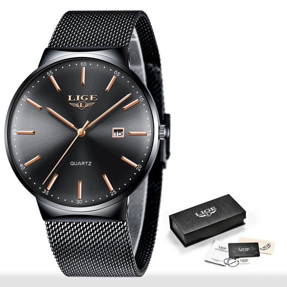 (Black) LIGE Womens Watches Top Brand luxury Analog Quartz Watch Women Full Blue Mesh Stainless Steel Date Clock Fashion Ultra-thin Dial