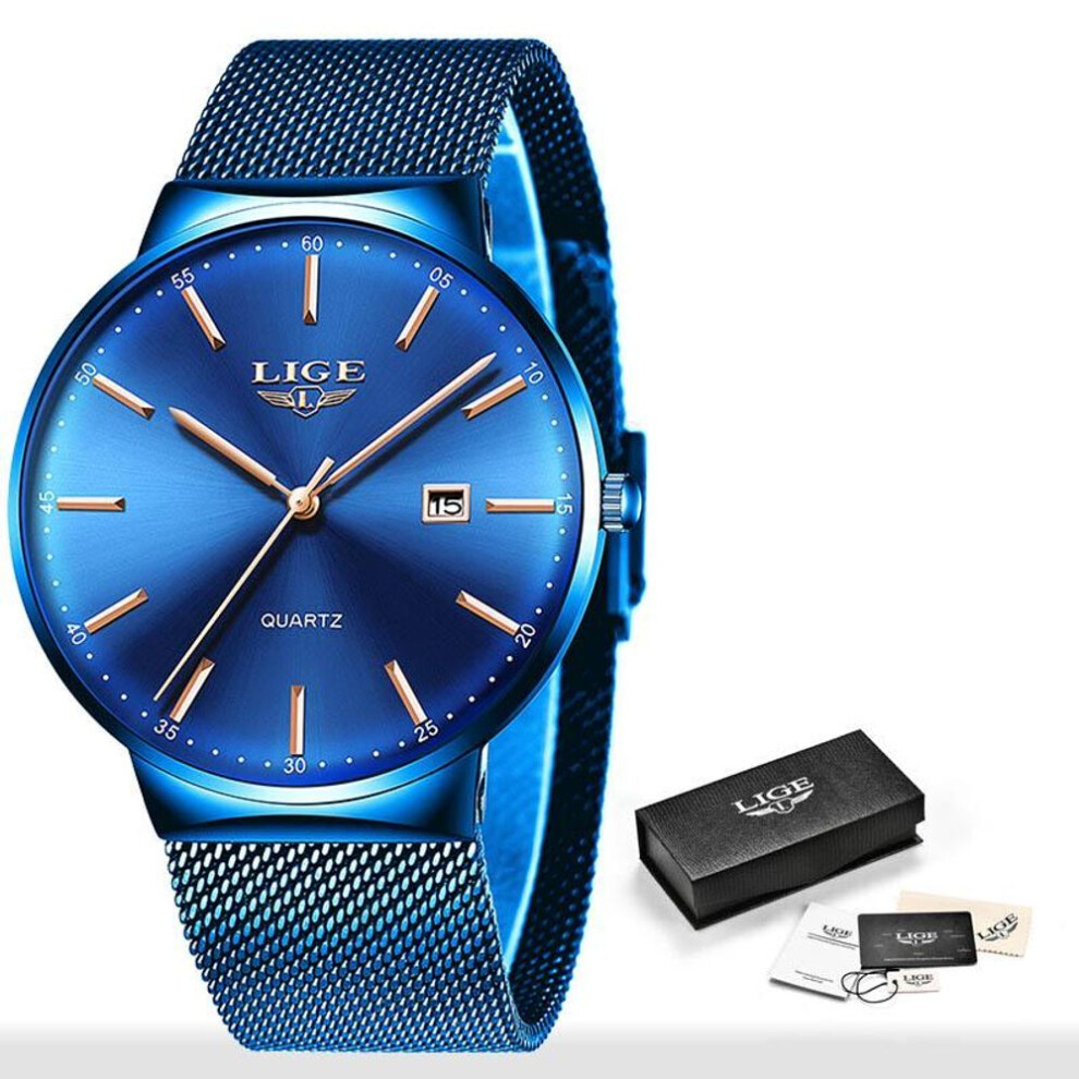(Blue) LIGE Womens Watches Top Brand luxury Analog Quartz Watch Women Full Blue Mesh Stainless Steel Date Clock Fashion Ultra-thin Dial