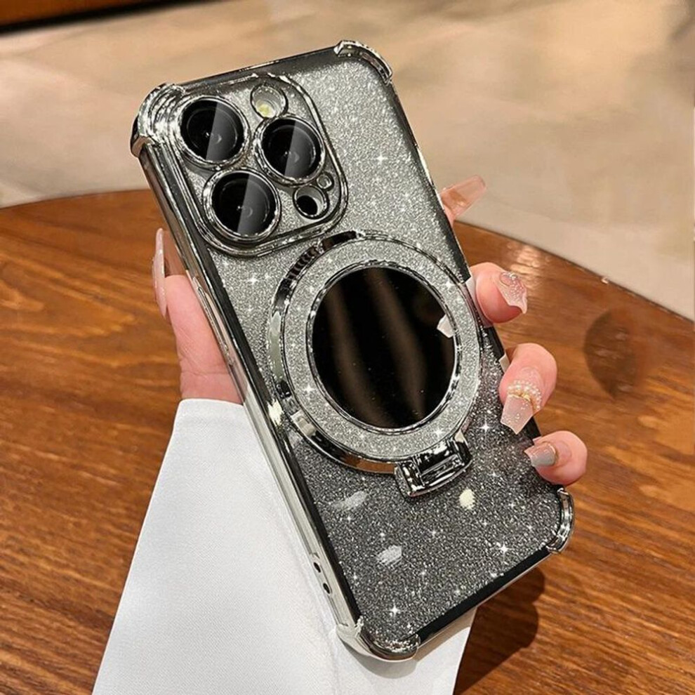 (silver, iPhone 13 Pro Max) Luxury Glitter Powder Plating Phone Case with Mirror Stand Holder for iPhone 11 12 13 14 15 Pro Max 12 Pro 13 Pro 15 Plus Anti-drop Soft TPU Cover