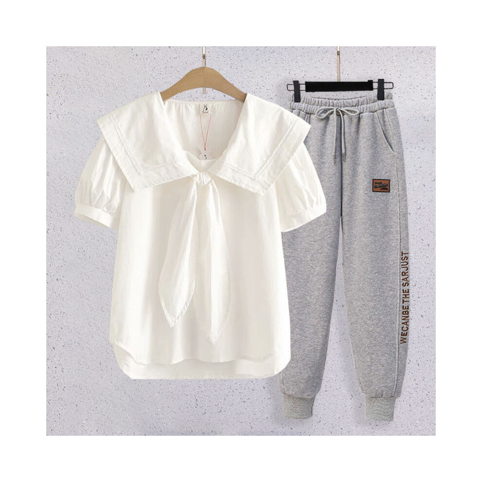 (White Gray Pants, L) Girls Trendy Summer Outfit Set With Doll Collar Stylish Loose Short Tshirt Sleeve-image-OPC-PHH5XJN-NEW