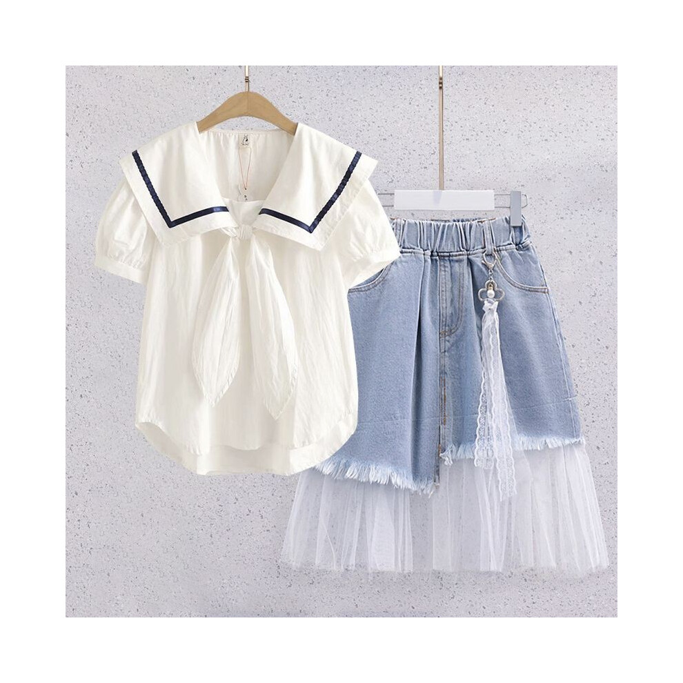(Navy Tulle Dress, M) Girls Trendy Summer Outfit Set With Doll Collar Stylish Loose Short Tshirt Sleeve-image-OPC-PHH5XKR-NEW