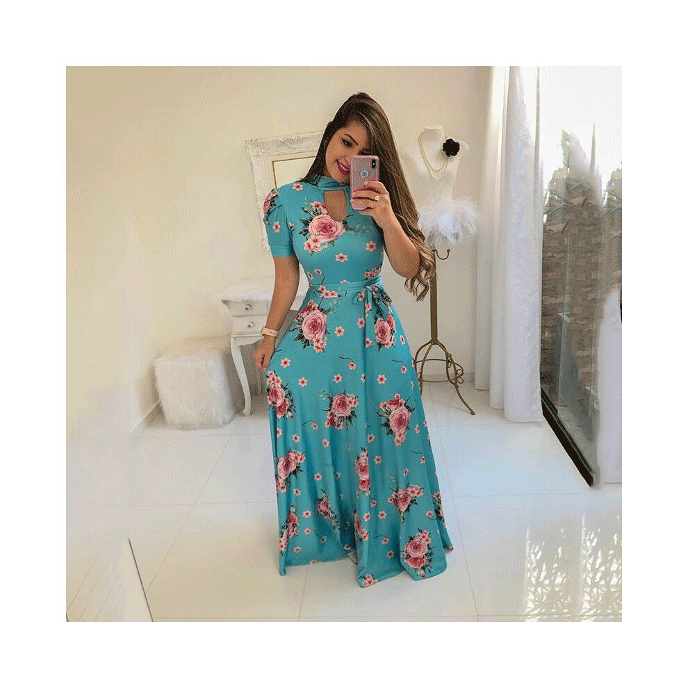 (Lake Blue Short Sleeve, 5XL) Floral Bohemia Womens Longshort Sleeve Maxi Dresses Ladies Dress Summer Casual-image-OPC-PHH62MG-NEW