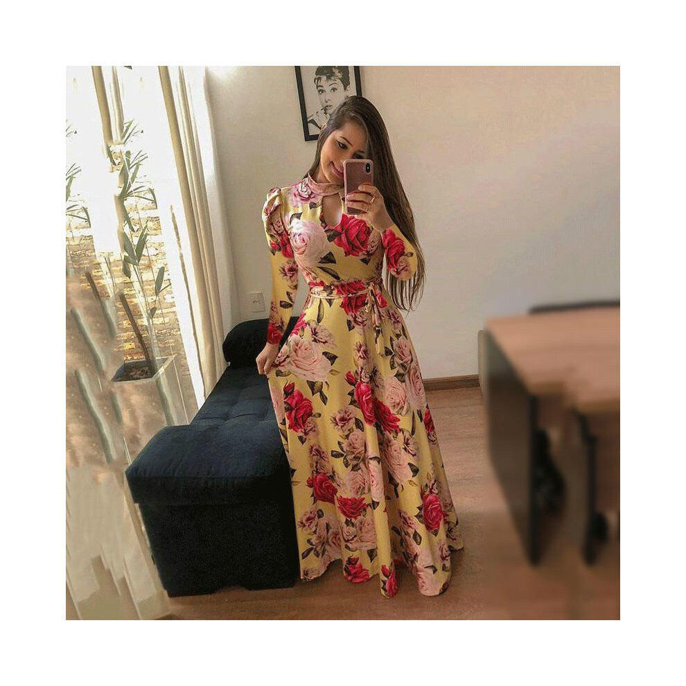 (Yellow Long Sleeve, XL) Floral Bohemia Womens Longshort Sleeve Maxi Dresses Ladies Dress Summer Casual-image-OPC-PHH62P6-NEW