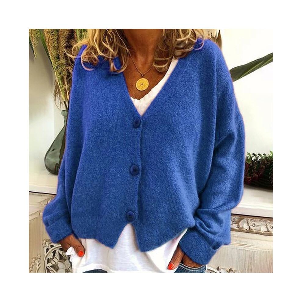 (Blue, 2XL) Womens Plain Knitted Coat Cardigan Ladies Button Loose Jumpers Plus Sweater Size-image-OPC-PHH62W9-NEW