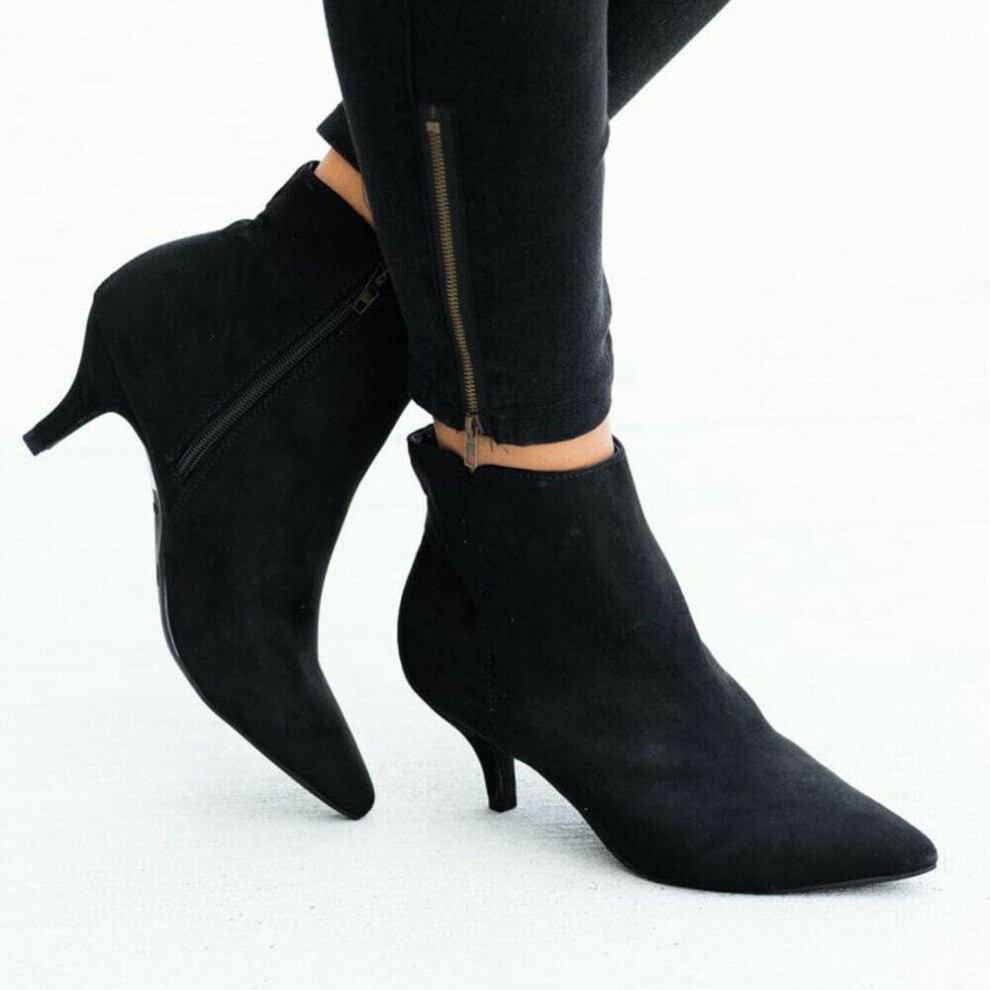 (Black, EU43) Toe Pointed Womens Kitten Low Heel Ankle Booties Winter Zipper Boots Size Shoes