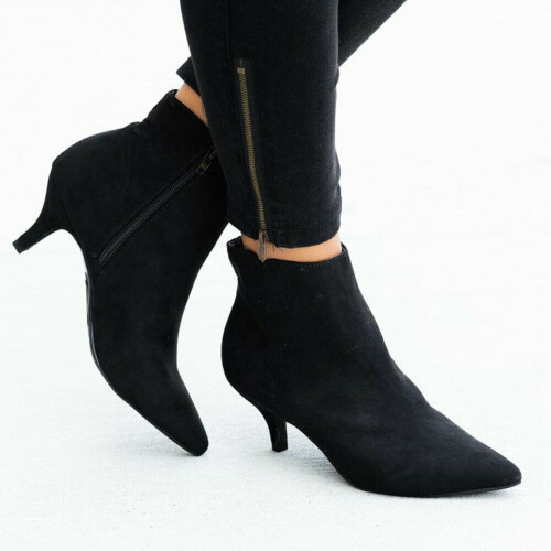(Black, EU41) Toe Pointed Womens Kitten Low Heel Ankle Booties Winter Zipper Boots Size Shoes