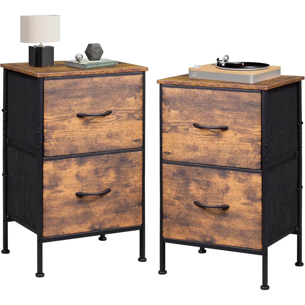 (2 Pieces, Rustic Brown) Small 2 Drawer Dresser, Nightstand with Fabric Bins for Bedroom, Closet, Dorm, Rustic Brown Wood Grain Print