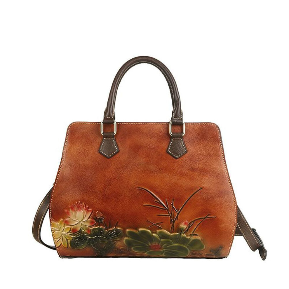 (brown) Handmade First Layer Cow Leather Women Bag 2021 New Vintage Embossing Shoulder Bags Large Capacity Leisure Handbag