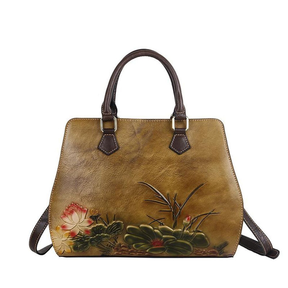 (yellow) Handmade First Layer Cow Leather Women Bag 2021 New Vintage Embossing Shoulder Bags Large Capacity Leisure Handbag