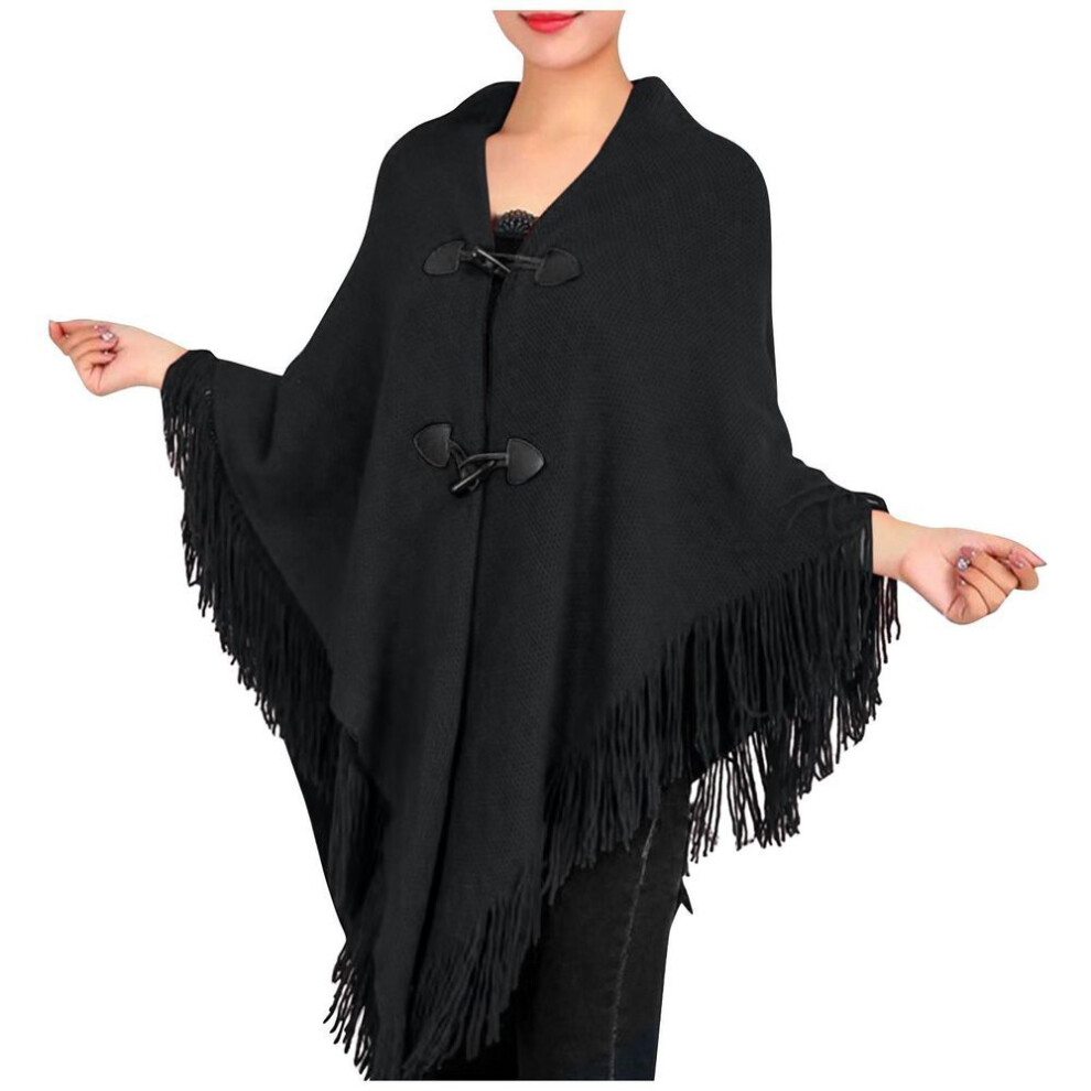 (black, One Size) Women&apos;s Fashion Autumn/winter Thick Tassel Cape Horn Buckle Solid Color Cape Coat