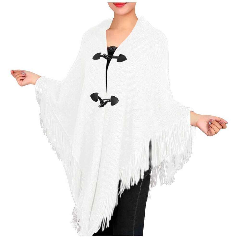 (white, One Size) Women&apos;s Fashion Autumn/winter Thick Tassel Cape Horn Buckle Solid Color Cape Coat