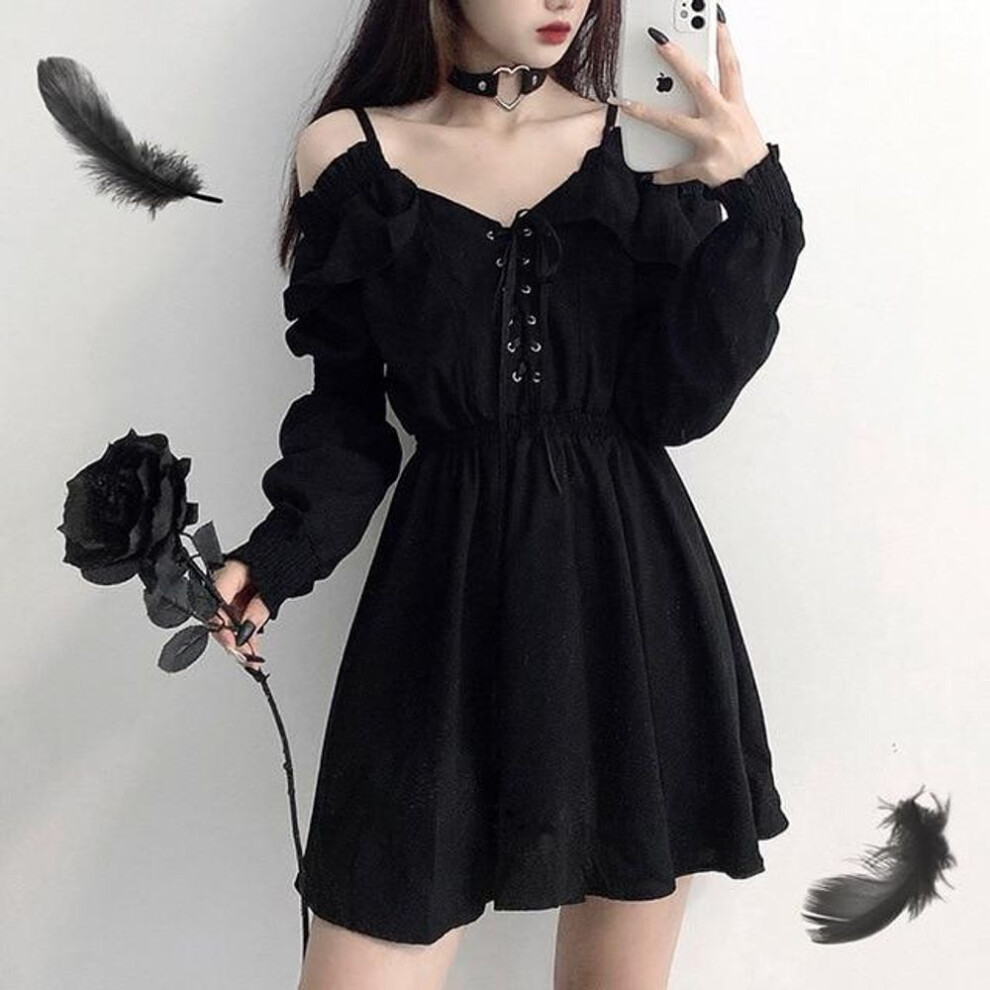 (black, L) Women Dress Plus Size Lace Up Black Spring Autumn Sexy High Waist Femme Dresses Off Shoulder Long Sleeve Gothic Clothes