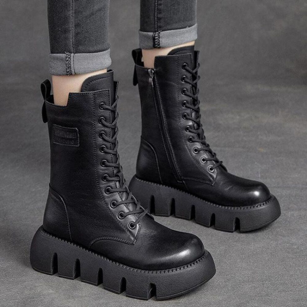 (black, 38) Johnature Warm Winter Boots Women Shoes Genuine Leather Plush Zip Round Toe Wedges Handmade Lace-up Platform Boots