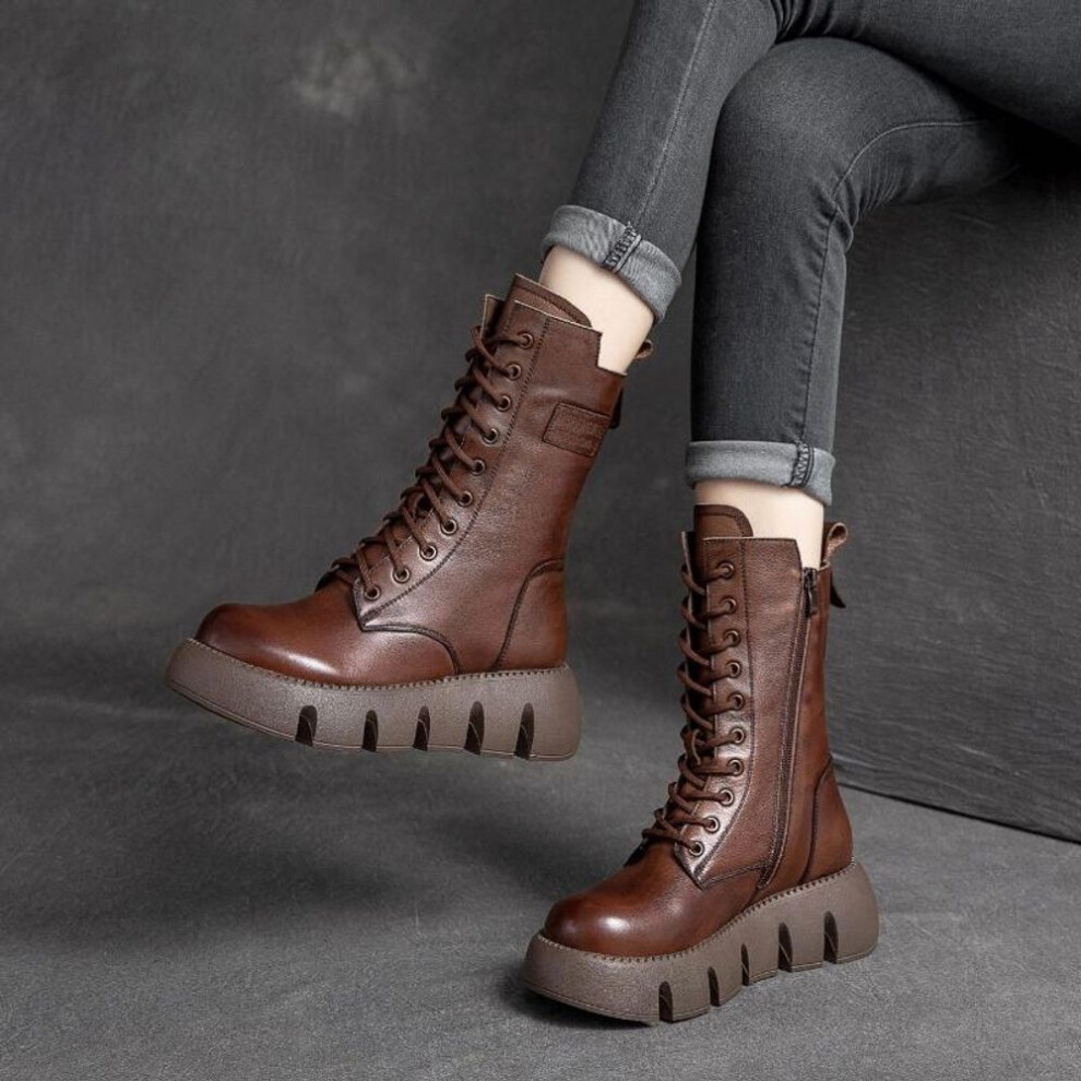 (brown, 38) Johnature Warm Winter Boots Women Shoes Genuine Leather Plush Zip Round Toe Wedges Handmade Lace-up Platform Boots