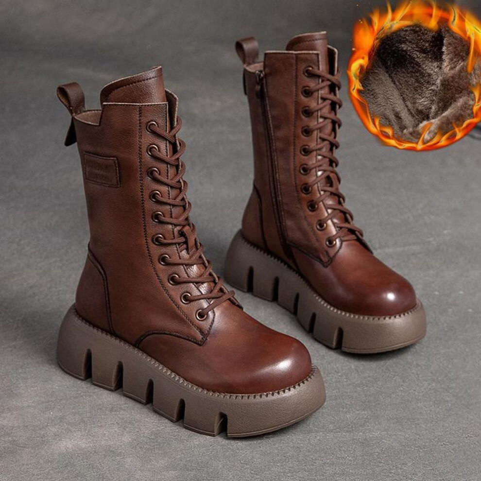 (brown, 35-Plush) Johnature Warm Winter Boots Women Shoes Genuine Leather Plush Zip Round Toe Wedges Handmade Lace-up Platform Boots