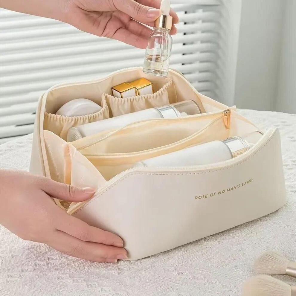 (White) Large Travel Cosmetic Bag for Women Leather Makeup Organizer Female Toiletry Kit Bags Make Up Case Storage Pouch Luxury Lady Box