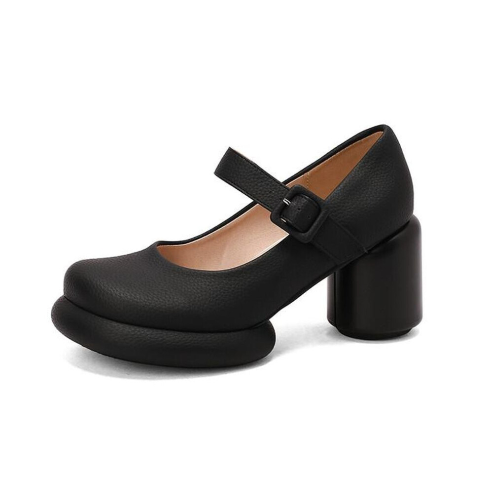 (black, 42) Women Pu Leather Pumps Chunky Heel Round Toe Mary Janes Buckle Sweet Party Spring Autumn Shoes Black White Yellow Green
