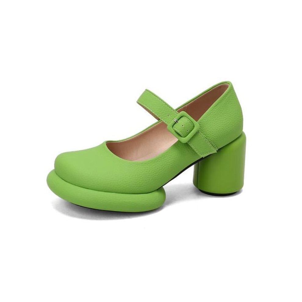 (green, 41) Women Pu Leather Pumps Chunky Heel Round Toe Mary Janes Buckle Sweet Party Spring Autumn Shoes Black White Yellow Green