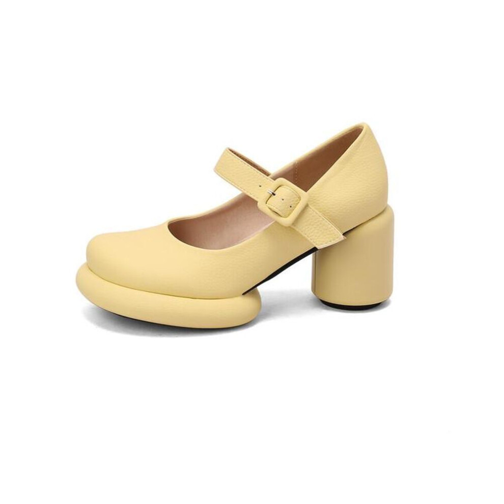 (yellow, 42) Women Pu Leather Pumps Chunky Heel Round Toe Mary Janes Buckle Sweet Party Spring Autumn Shoes Black White Yellow Green
