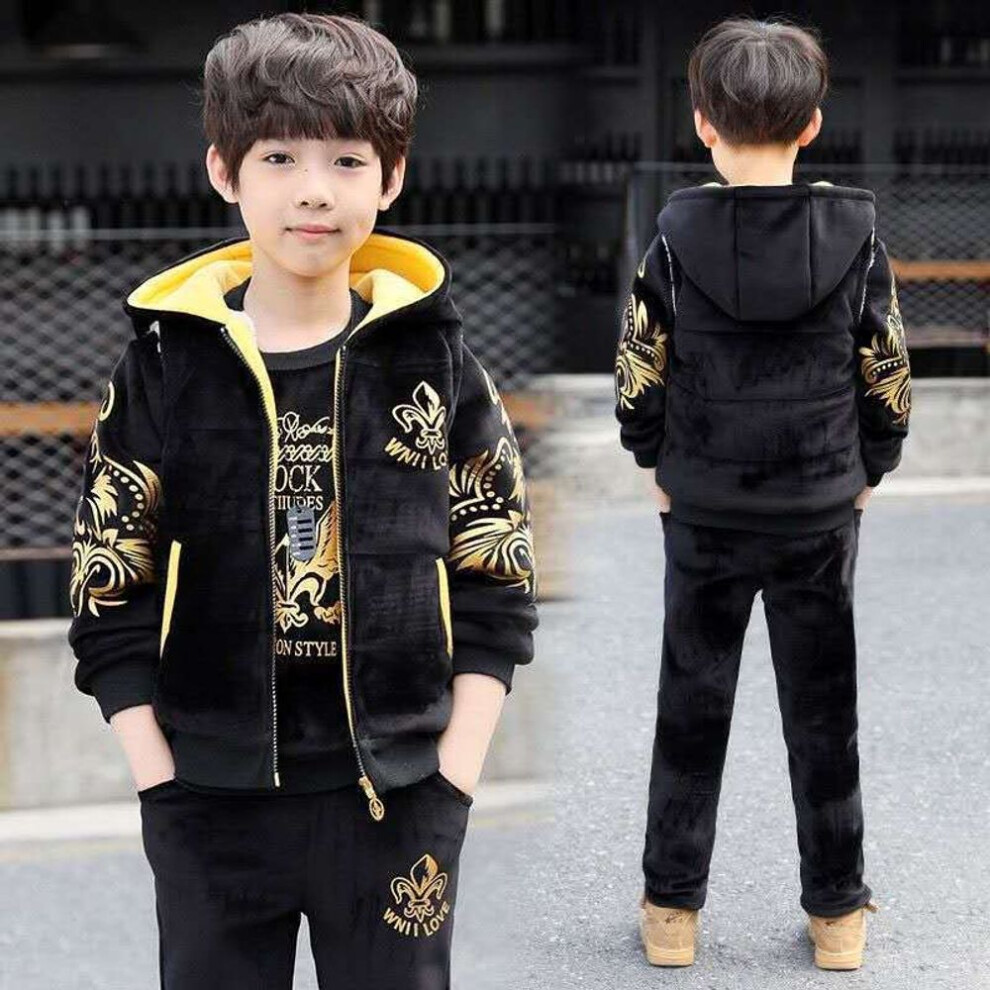(black, 150) Three-piece Boys Plus Velvet Thickened Suit, Medium and Large Children's Autumn and Winter Clothes Suit