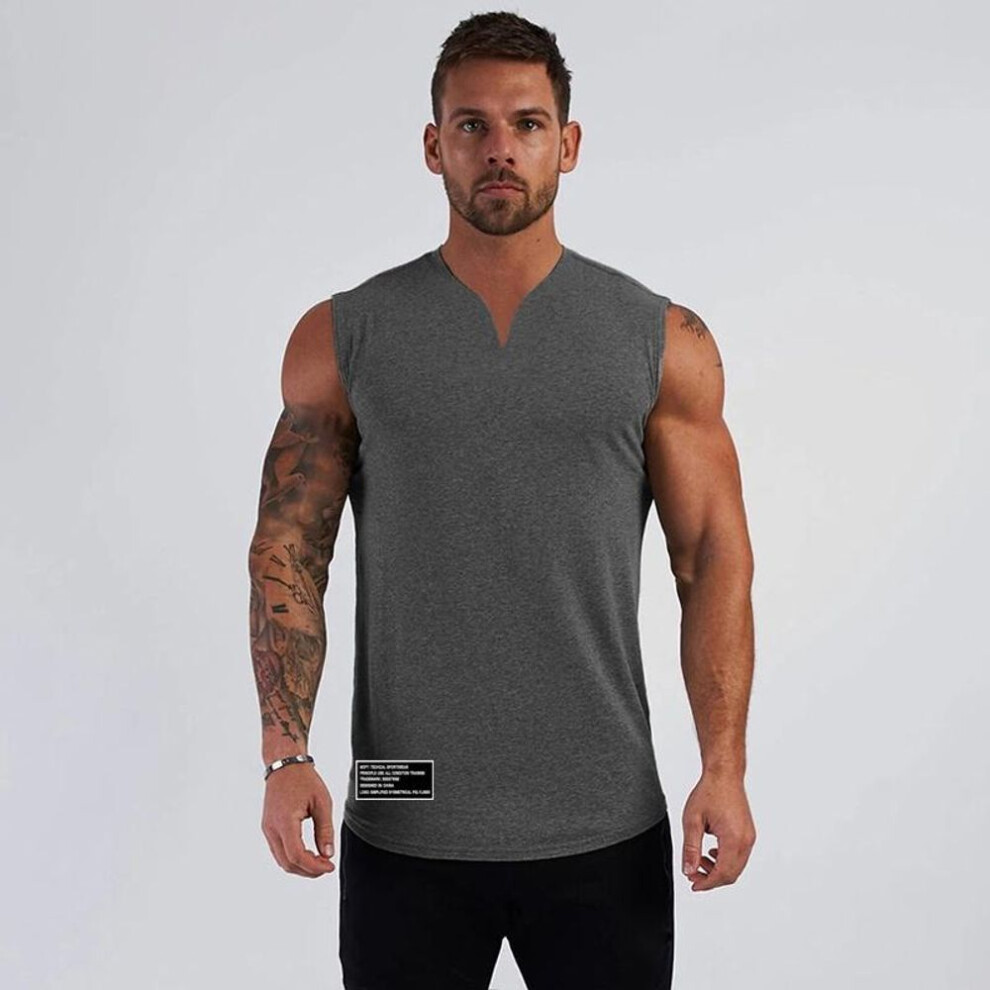 (gray, L) Men&apos;s Sportswear Sleeveless T-shirt Men&apos;s Workout Cotton V-neck  Printed Tank tops  Fitness and GYM Clothing Muscle Vest