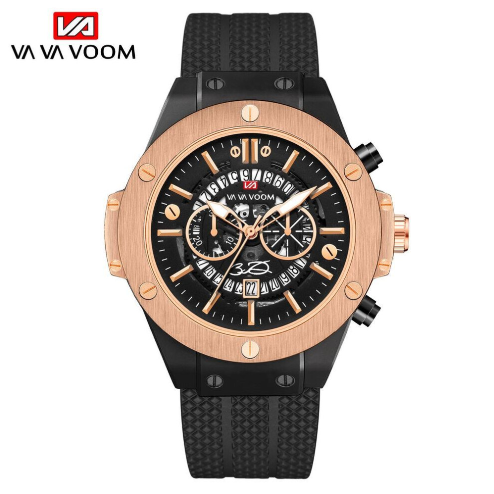 (rose gold,black, NO Packaging) VA VA VOOM Creative Hollow Perspective Window Calendar Fashion Student Watch Silicone Waterproof Men&apos;s Sports Quartz Watch