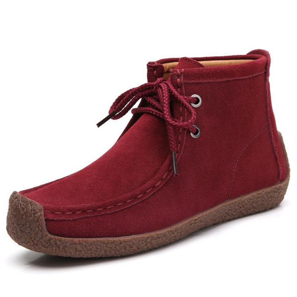 (red, 39) Women Cow Suede Leather Boots Warm Comfort Soft Flat Shoes Lace Up Ladies Martin Short Boots
