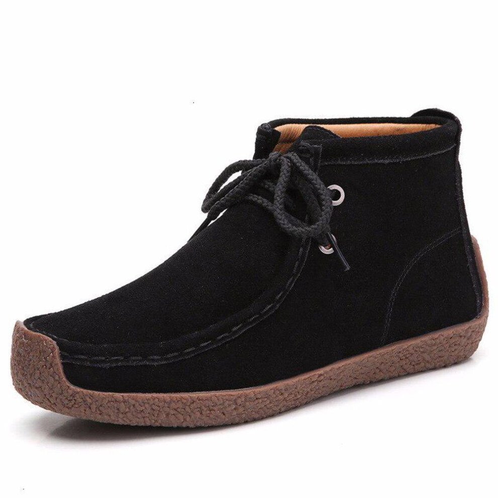 (black, 41) Women Cow Suede Leather Boots Warm Comfort Soft Flat Shoes Lace Up Ladies Martin Short Boots