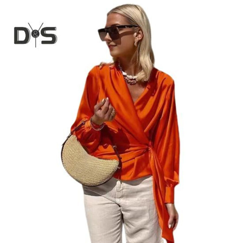 (XL, orange) Women Shirt V-neck Side Lace-Up Lantern Long Sleeve Pullover Tops Solid Color Work Casual Blouse Daily Wear