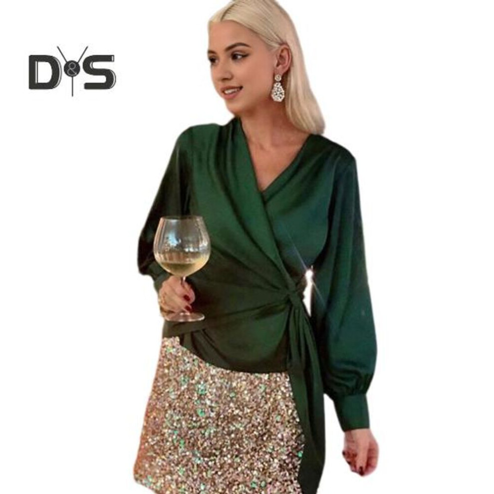 (S, dark green) Women Shirt V-neck Side Lace-Up Lantern Long Sleeve Pullover Tops Solid Color Work Casual Blouse Daily Wear