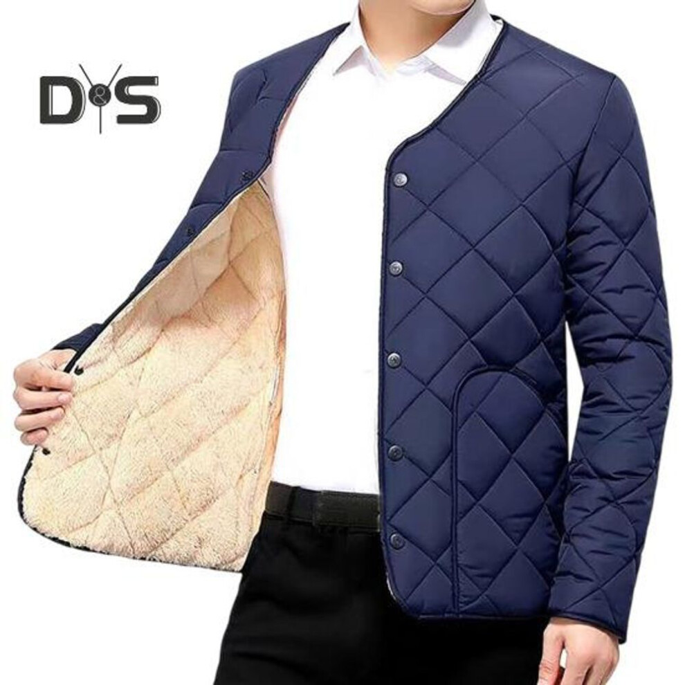 (navy blue, L) Men Cotton Coat O-Neck Long Sleeve Diamond-Shaped Stitching Button Placket Coat Solid Color Single Breasted Thick Velvet Lining Outwear