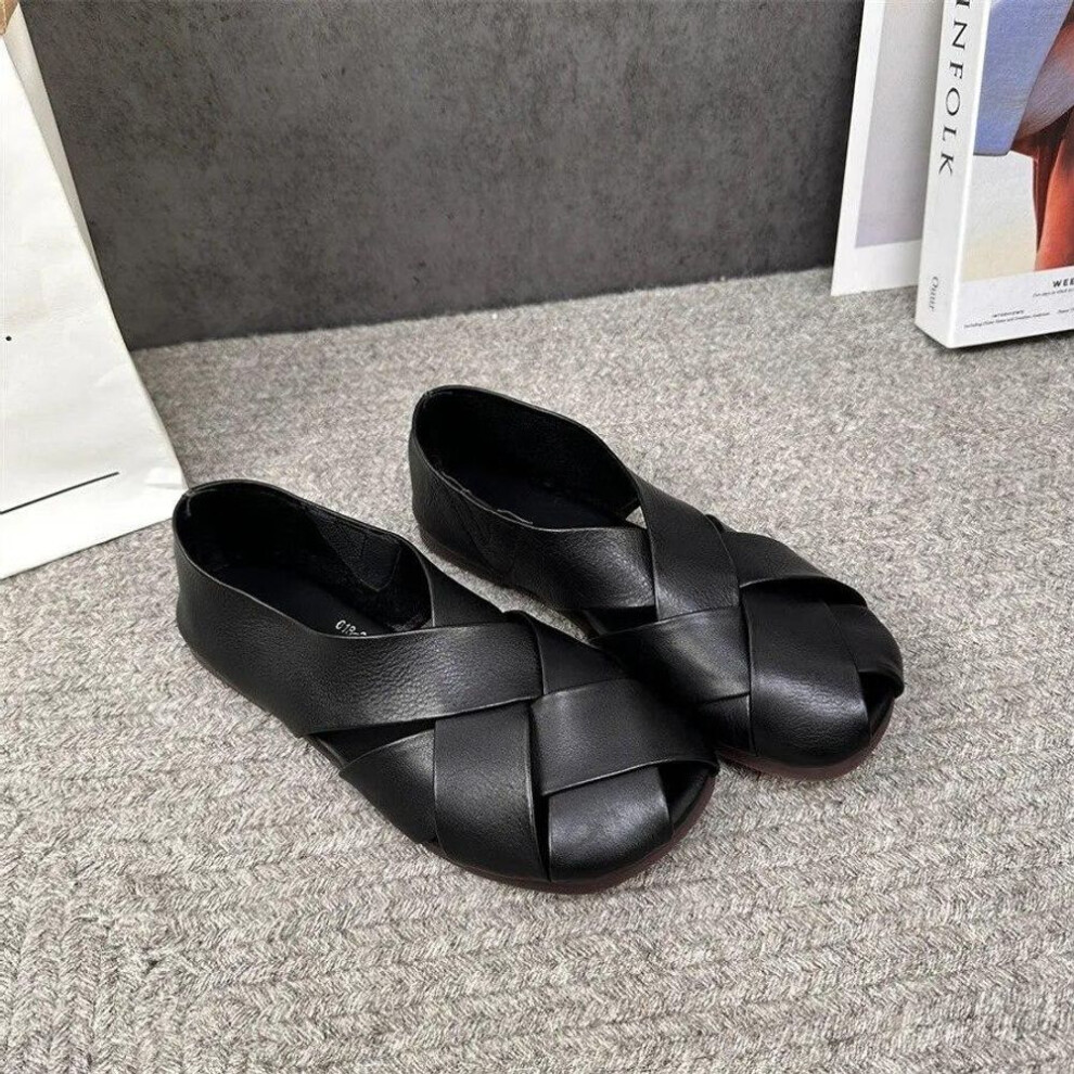 (black, 39) Johnature Retro Genuine Leather Hollow-out Women Flats Shoes Handmade Shallow Soft Sole Round Toe Slip-on Loafers